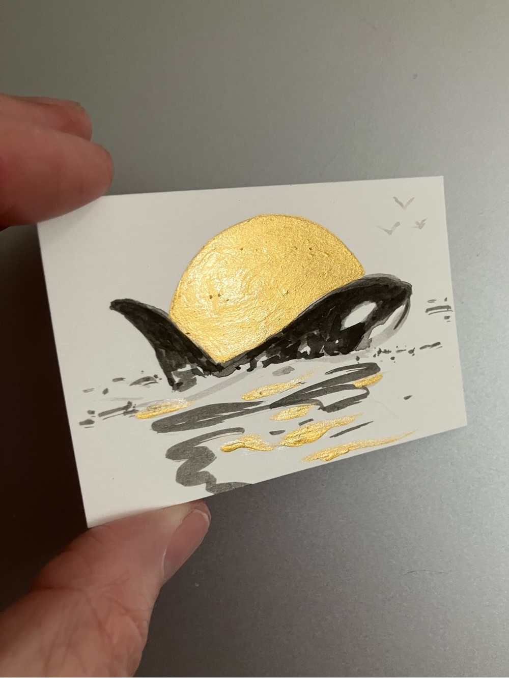 ORIGINAL orca killer whale painting miniature realism art sumi-e gold artwork US